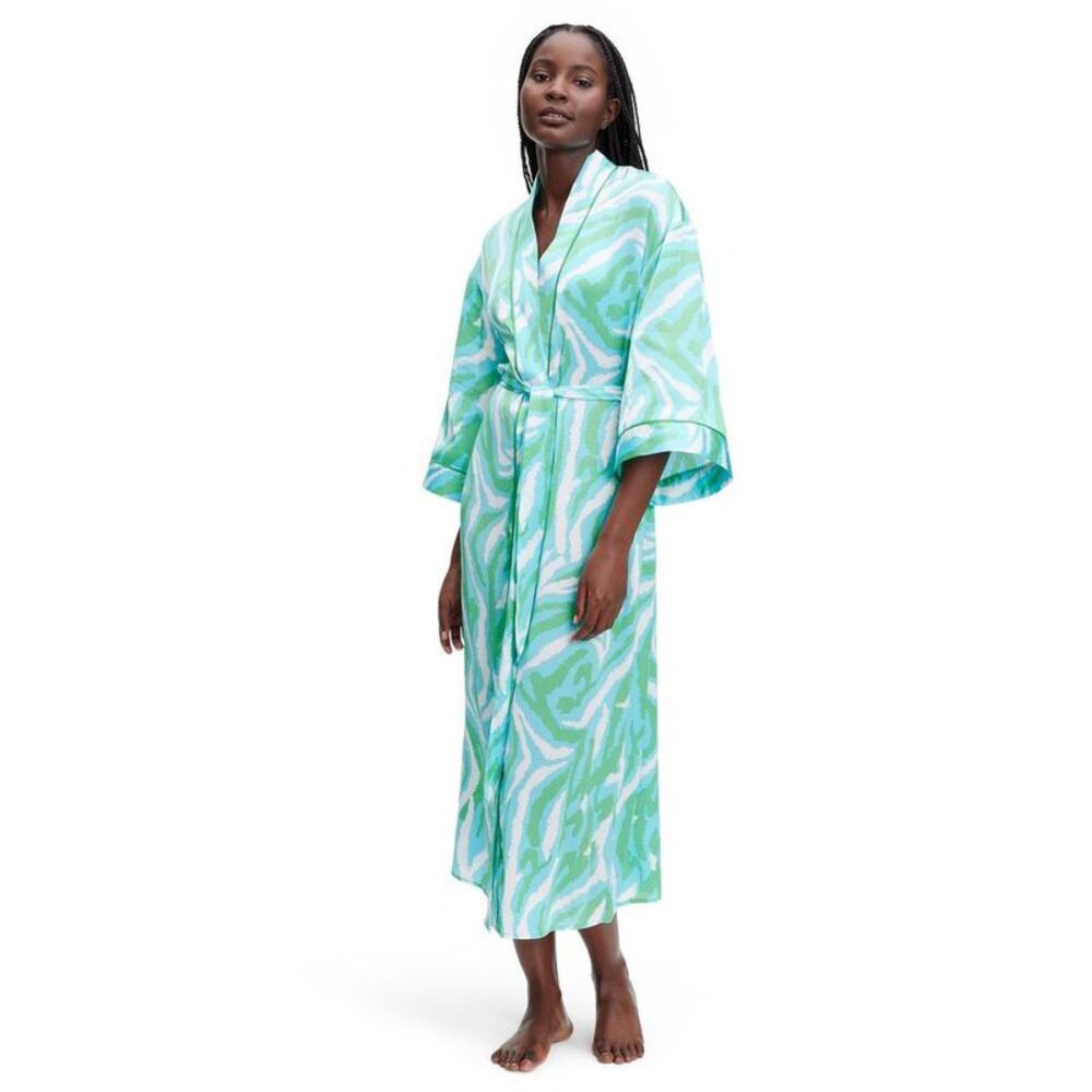 Women's Long Satin Disco Zebra Green Robe - DVF XXS